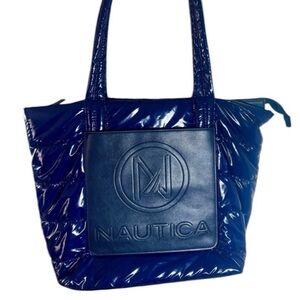 Nautica Electric Blue Quilted Puffy Shiny Nylon Logo Embellished Weekend Tote